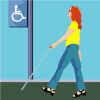 Female with white cane to bus stop sign with access symbol on it