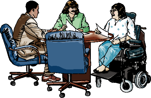 One male and two female professionals, with and without disabilities, seated at table