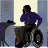 Male in sports wheelchair on cell phone with service dog nearby