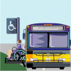 Bus with rider in wheelchair on lift, bus stop sign with access symbol