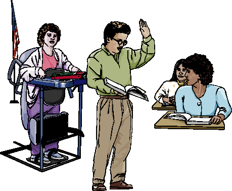 Classroom environment with a male lecturer and three female students. One student is using a standing chair, and the other two are sitting at their desks