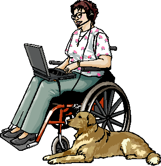 Female in manual wheelchair with service dog, working on laptop with headset