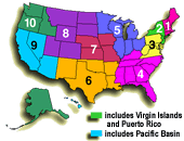 Map of the United States depecting the 10 Regions, including the Virgin Islands, Puerto Rico, and the Pacific Baisin. Refer to our regional DBTACs page via our sitemap, for more details.
