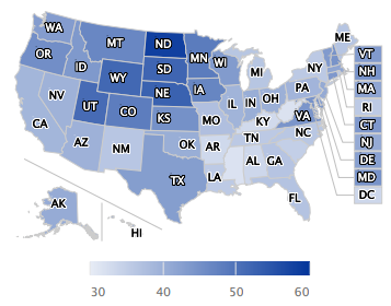 Map of the US showing how the 39.2% of people with a disability that reported being employed were  distributed across the country by color representation