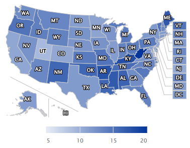 Map of the US showing how the 12.7% of people that reported having a disability is distributed across the country by color representation 