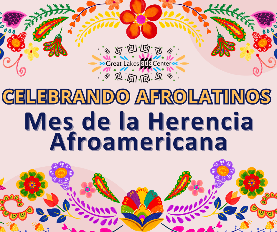 Una imagen ilustrada de varias flores de muchos colores vibrantes. Texto grande de “mes de la herencia afroamericana, celebrando afrolatinos”