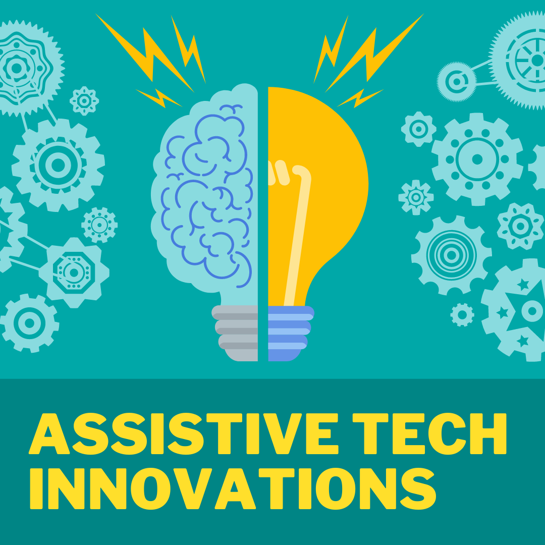 Assistive Tech Innovations. A lightbulb on one side and brain on another with mechanical gears and electricity.