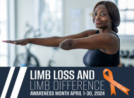 Limb Loss and Limb Difference Awareness Month. Awareness Month April 1-30, 2024. Orange Ribbon. Woman missing her arm below the elbow stretches in a gym