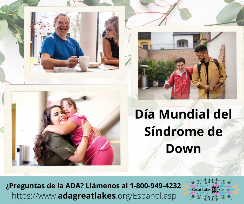 Tres fotos de personas con síndrome de Down. Un hombre adulto sonriendo acompañado con una mujer. Dos jóvenes platicando en una calle. Una niña abrazando a un adulto en una escuela.