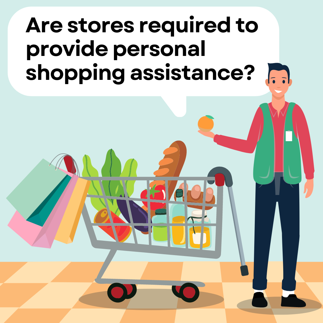 A store employee next to a shopping cart with groceries, shopping bags and a walking cane