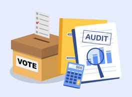 Voting box next to an audit folder with a graph and calculator