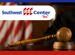 Logo: Southwest ADA Center ILRU. Image of a gavel resting on its block with an American flag in the background