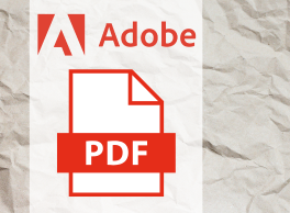 Logo: Adobe. Graphic of a PDF file over a crinkled paper background.