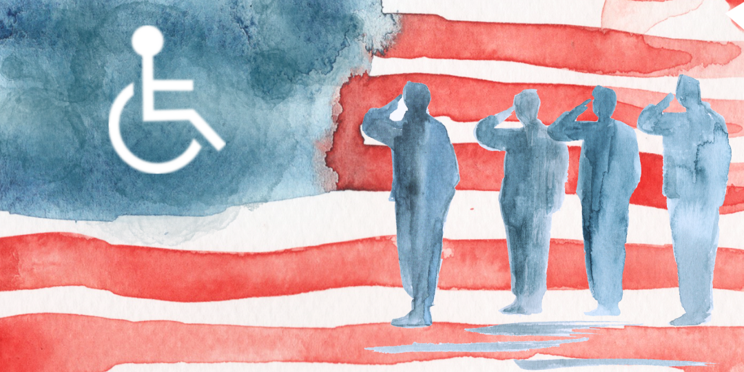 A water color painting of the American flag with a line of soldiers saluting and the international symbol of accessibility.