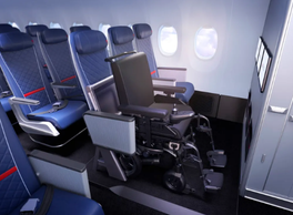 A digital rendering of a wheelchair in an airplane seat where the seat has been folded up to make room for the wheelchair.