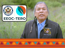 A representative from the Native American Community speaking in a PSA next to the EEOC and TERO logo