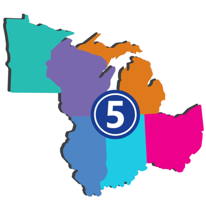 Region 5 map for Great Lakes ADA Center showing Illinois, Indiana, Ohio, Michigan, Minnesota and Wisconsin