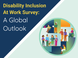 Text: Disability Inclusion At Work Survey: A Global Outlook. Circular image features people with various disabilities at work.