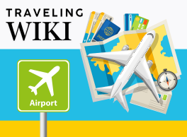Text: Traveling Wiki. Image of an airport sign next to a collection of travel imagery including a plane, map, compass, passport, credit cards and tickets.