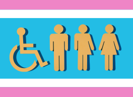 Images of the International symbol of accessibility next to images of a man, a woman, and a combination of the man and woman symbols. The background includes the trans flag colors.