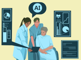 An illustration of a patient in a wheelchair receiving a consult from a nurse and doctor. The doctor is using an electronic device with AI. A speech bubble over their heads reads, AI.
