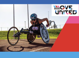 Move United Logo. Image of a person with a modified three wheel chair that they are using on a race track.