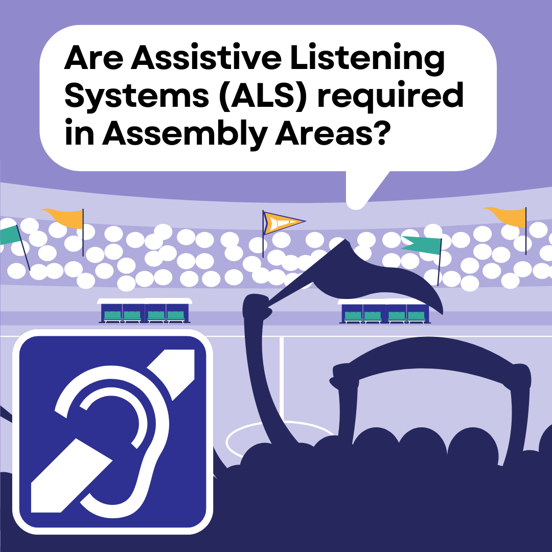 A sports stadium with people cheering next to the symbol for Assistive Listening Systems.