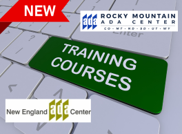 Close up of Keyboard with a key labeled "training courses" and the Rocky Mountain ADA Center and New England ADA Center logos around this labeled key