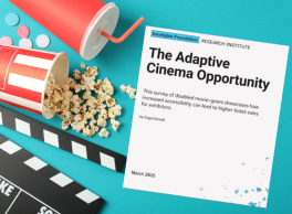 Screenshot of cover of The Adaptive Cinema Opportunity survey next to a drink cup and popcorn