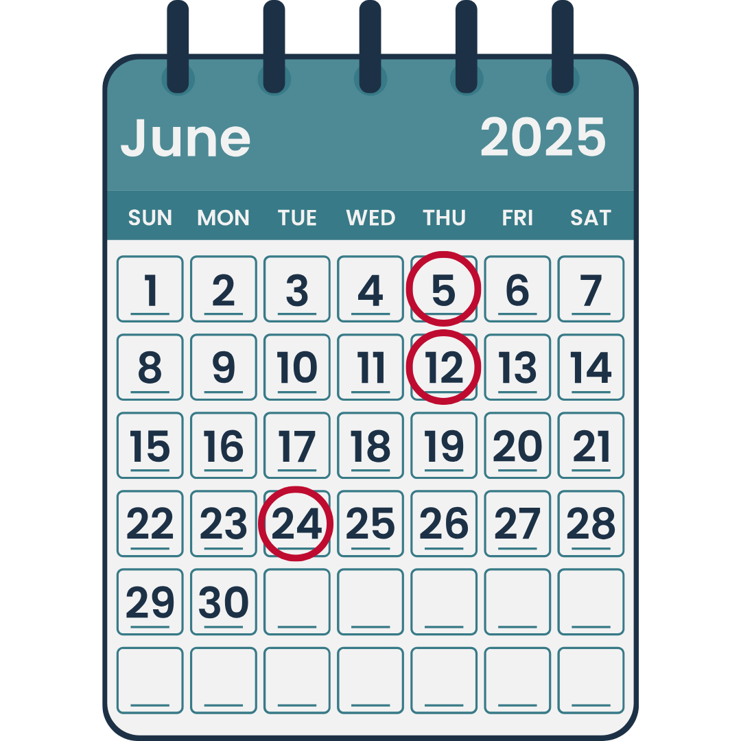 June 2025 Calendar with the webinar dates circled in red