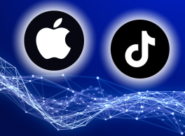 Logos for Apple and TikTok over a tech style background of interwoven connections