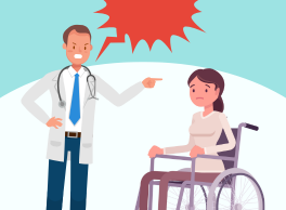 A doctor is pointing at and speaking harshly to a woman in a wheelchair.