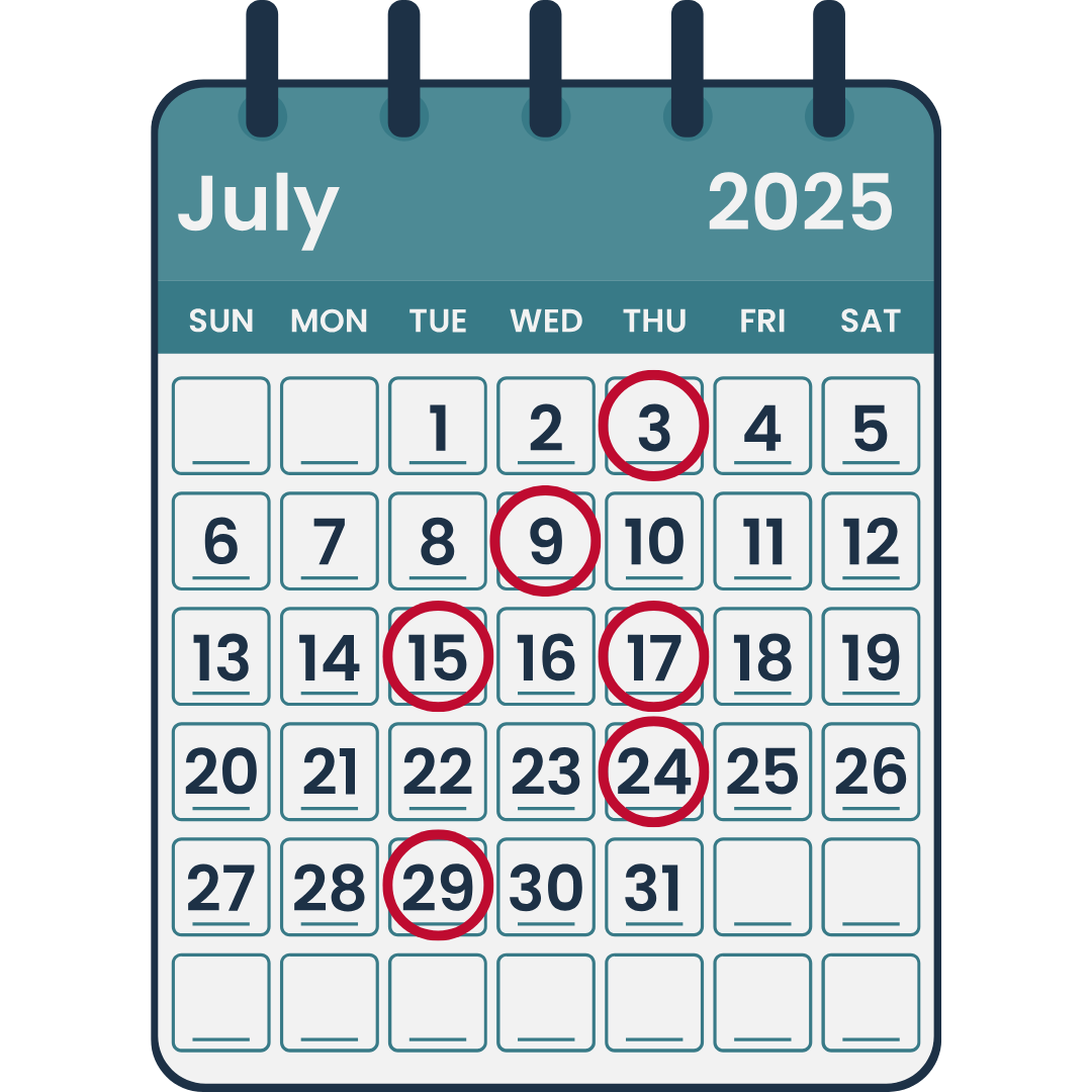 July 2025 Calendar with the webinar dates circled in red