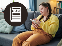 A woman with down syndrome reads on a couch next to an icon of a book labeled 'Guide'