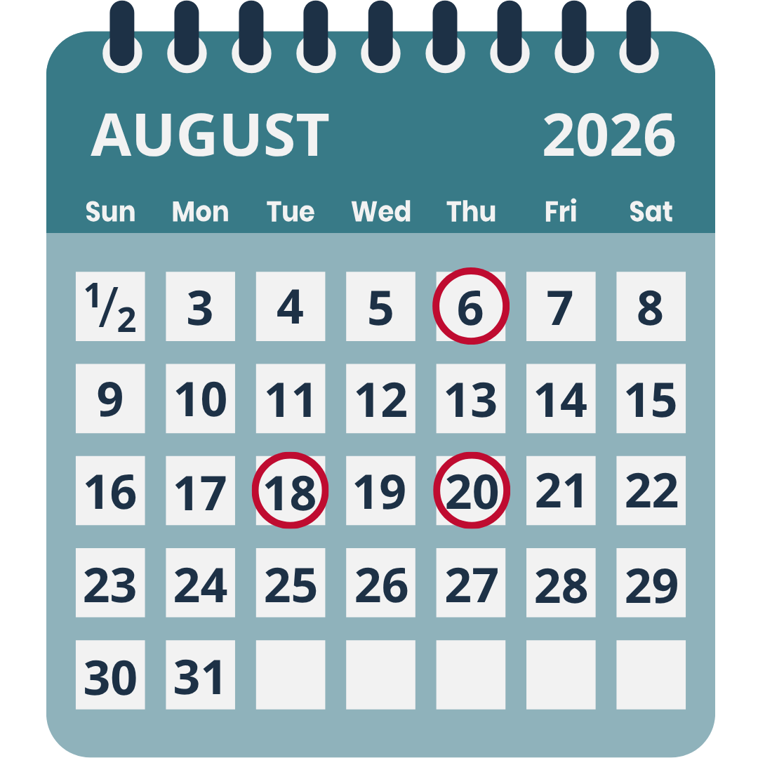 August 2026 Calendar with the webinar dates circled in red.