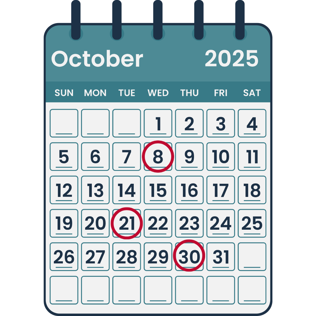 October 2025 Calendar with the webinar dates circled in red