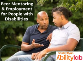 Peer mentoring & employment for people with disabilities, Shirley Ryan Ability Lab log, older male of dark skin tone speaking to a younger man of dark skin tone while sitting on a park bench