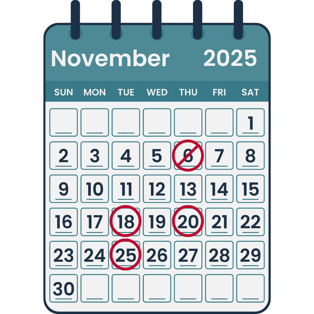 November 2025 Calendar with the webinar dates circled in red. The November 6th date is crossed out.