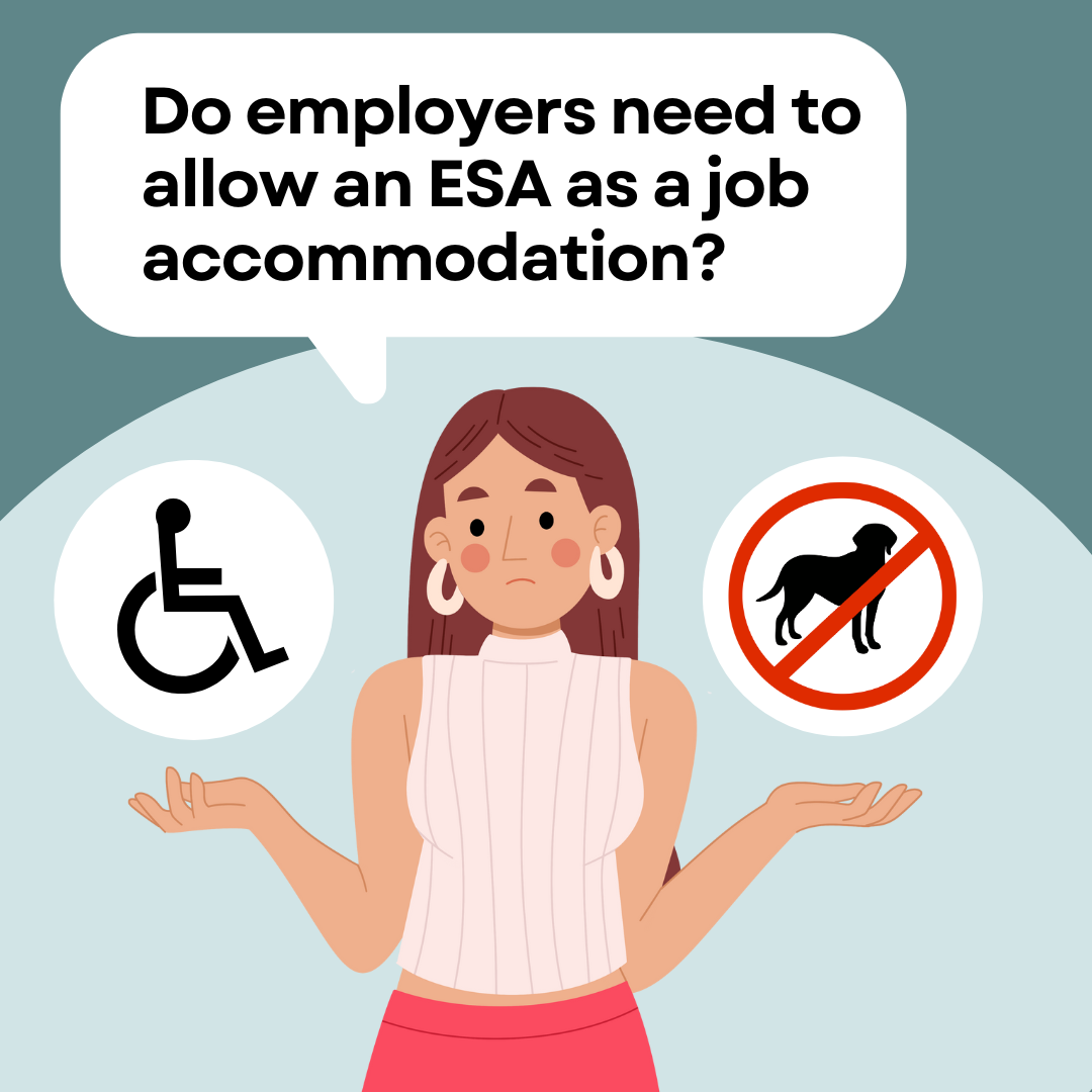 A woman holds up both hands in confusion. In one hand is the International Symbol of Accessibility and in the other is a no-pets symbol showing a dog with a red line over it.