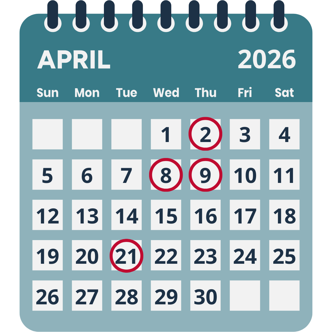 April 2026 Calendar with the webinar dates circled in red