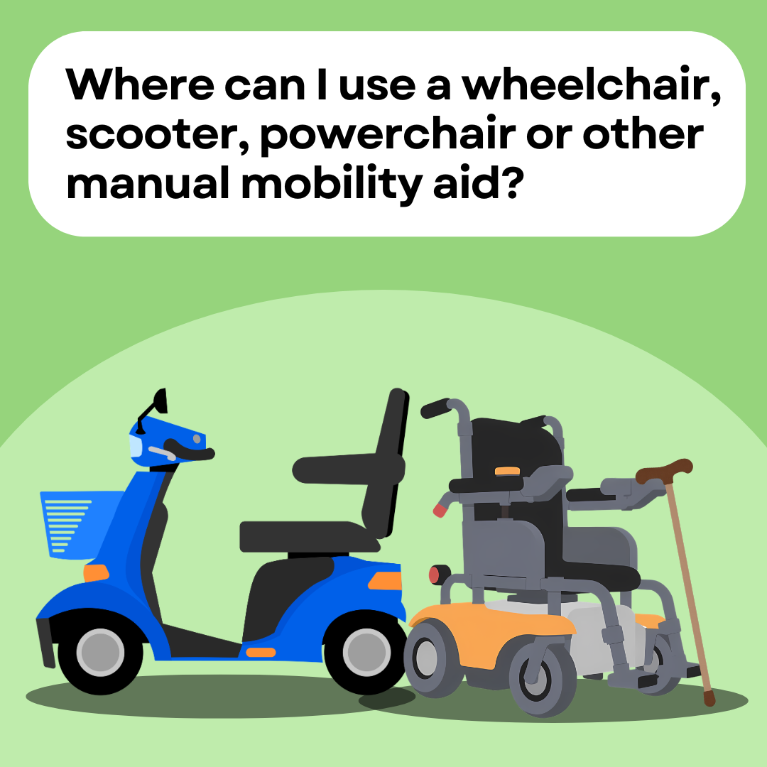 Illustrations of a mobility scooter, a power wheelchair, and a cane.