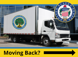 Official Seal of the U.S. Department of Education on the side of a moving truck next to the U.S. Senate seal. An arrow points to the right while the caption reads: Moving Back? 