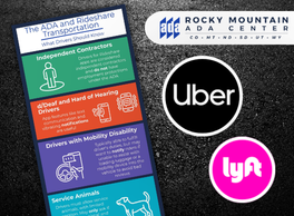 A partial screenshot of an infographic about the ADA and Rideshare Transportation: What Drivers Should Know. Logos for the Rocky Mountain ADA Center, Uber and Lyft over a black pavement background.