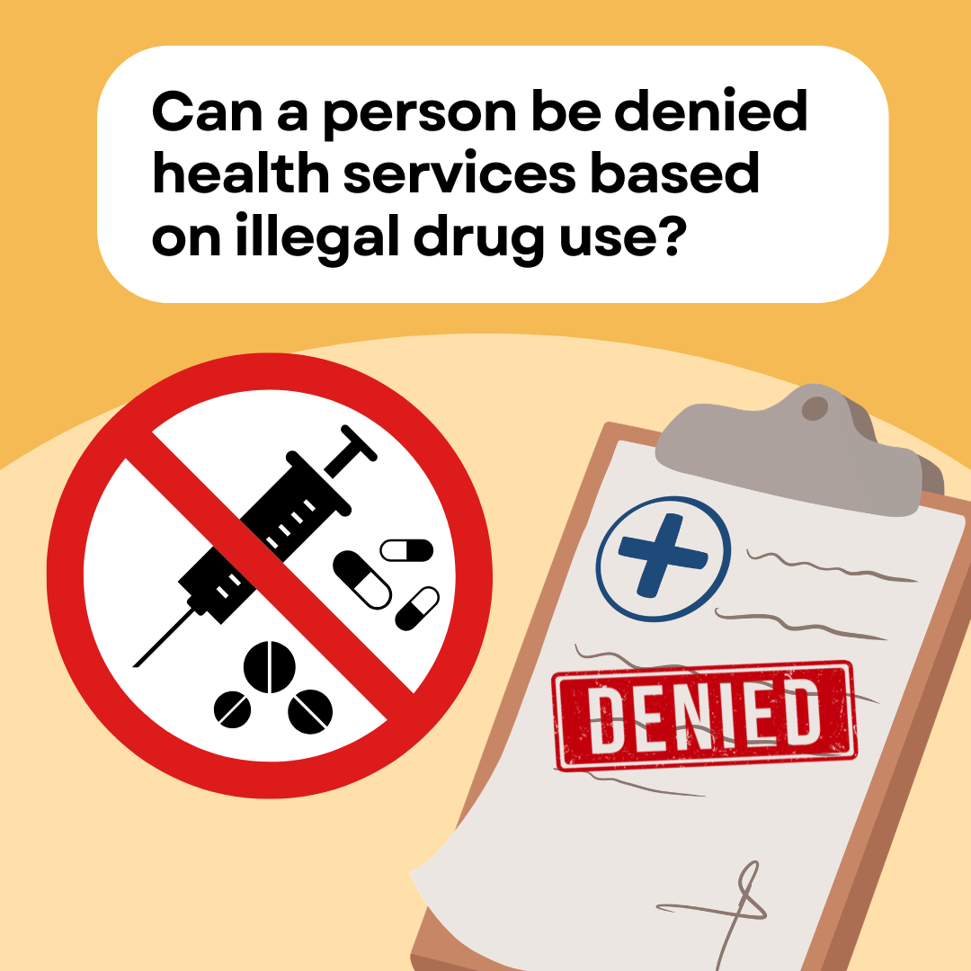 Illustration of a signed health document with a red stamp that says "denied." Depictions of drugs including a syringe and pills have been crossed out in red to show they are illegal.