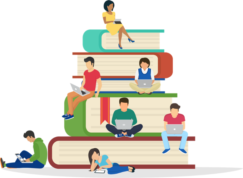 Una imagen ilustrada de libros colocados como escalones.  Hay varias personas sentadas en los libros que están leyendo y trabajando en sus computadoras.  