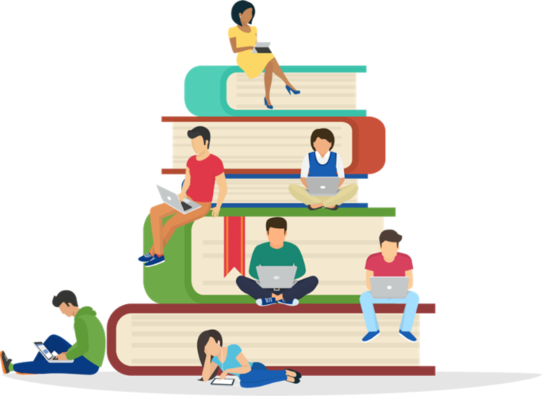 Una imagen ilustrada de libros colocados como escalones.  Hay varias personas sentadas en los libros que estn leyendo y trabajando en sus computadoras.  