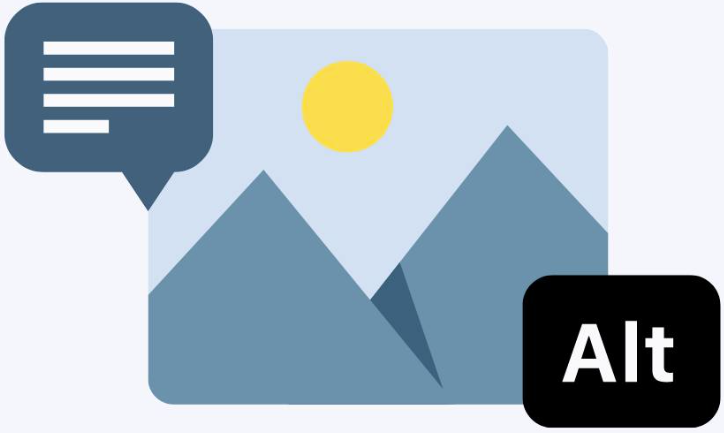 Icon showing an image with mountains and sun, and symbols for alternative text and captioning.